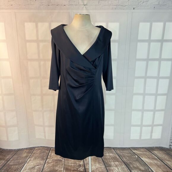 Kay Unger Navy Blue Satin Pleated 3/4 Sleeves Evening Dress Size 16 - Picture 2 of 11